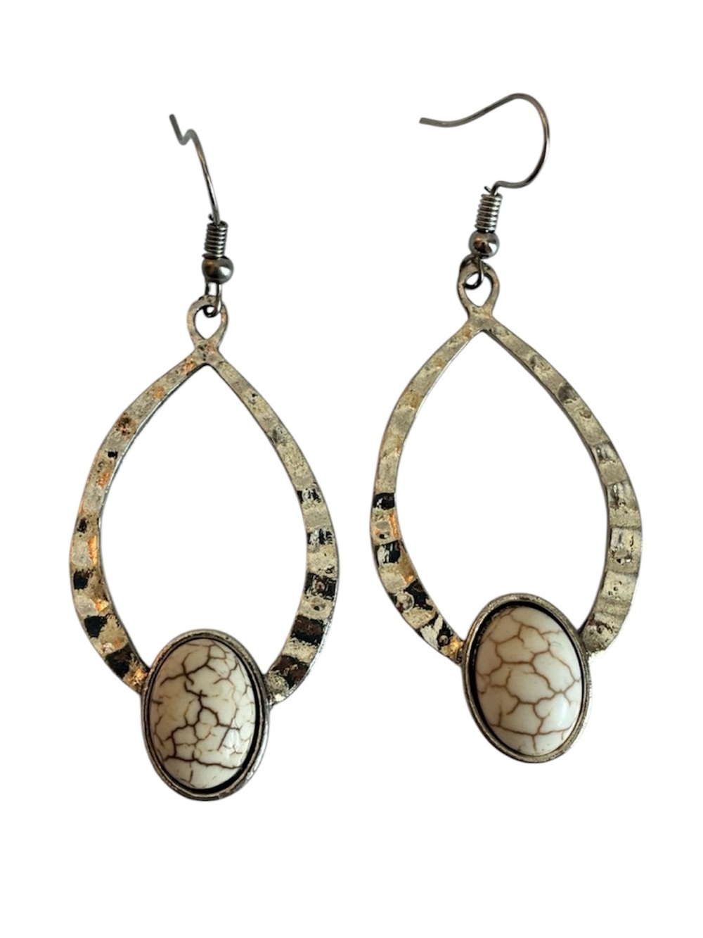 Vintage Silver Teardrop Earrings with Cream Marbled Stone